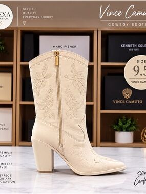 Vince Camuto Cream Embroidered Western Mid-Heel Boot